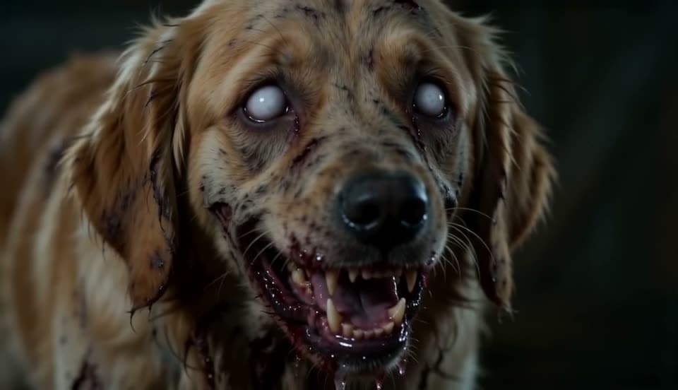 Wajah: Close-up hewan peliharaan zombie: bulu kusut, mata putih, gigi menyeringai.