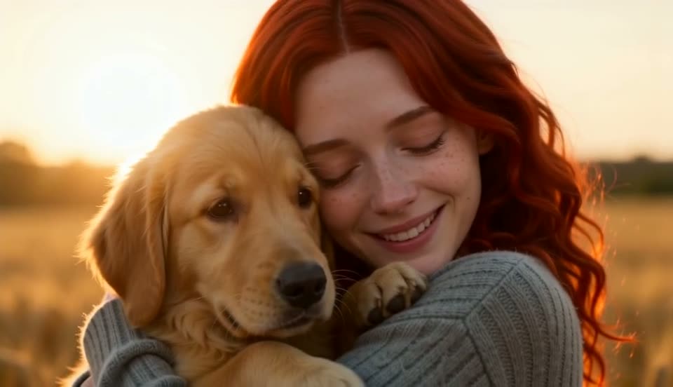 A healthy dog in its owner’s arms in a sunlit field